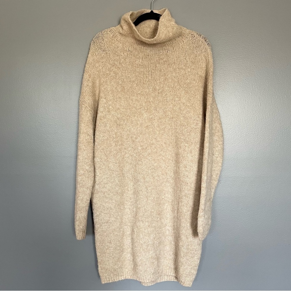 Aerie Sweater Dress Tunic Oversized Turtleneck beige/tan Wool Blend cozy sz S